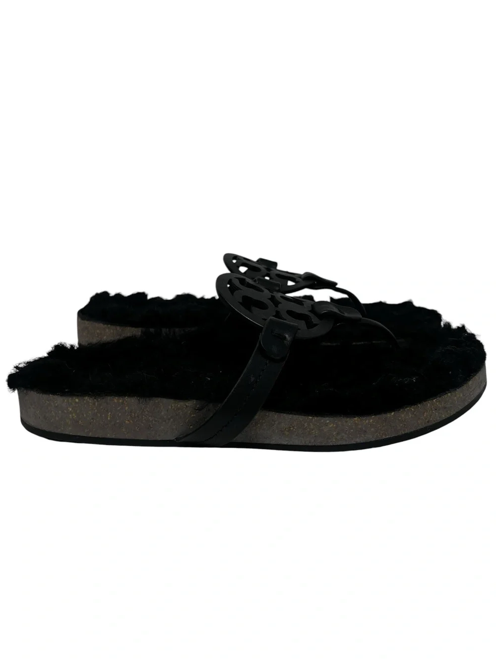 Tory Burch Black Furry Logo Thong Sandals